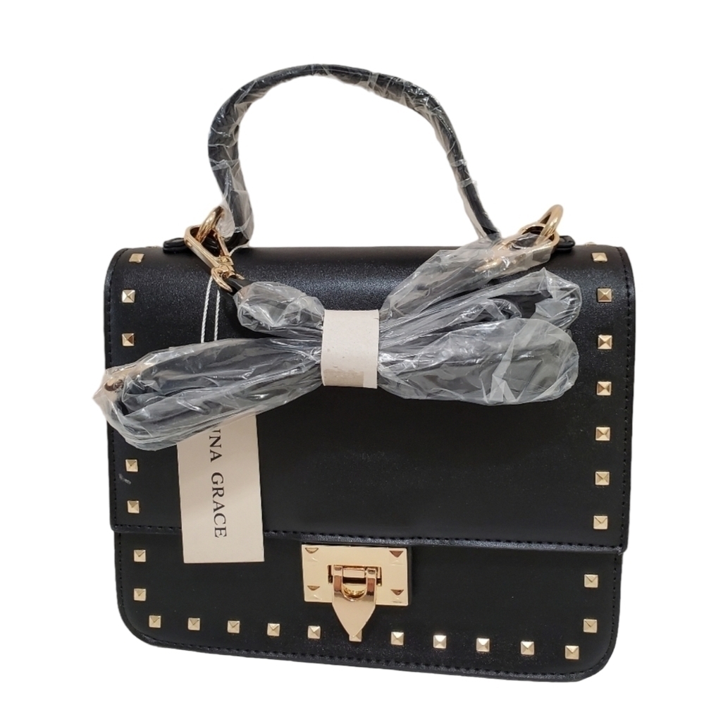 HANNA Grace Black With Gold Stud Trim Shoulder Purse Handbag